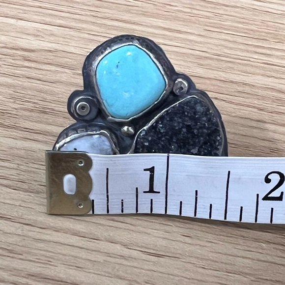 Large Sterling Silver, Turquoise, Quartz Druzy, & Enamel Statement Ring. - Picture 14 of 14